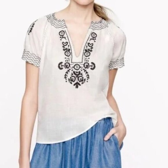 J. Crew Tops - J.Crew Vintage White Gauze Blouse Black Embroidered V-Neck Puff Sleeve 0